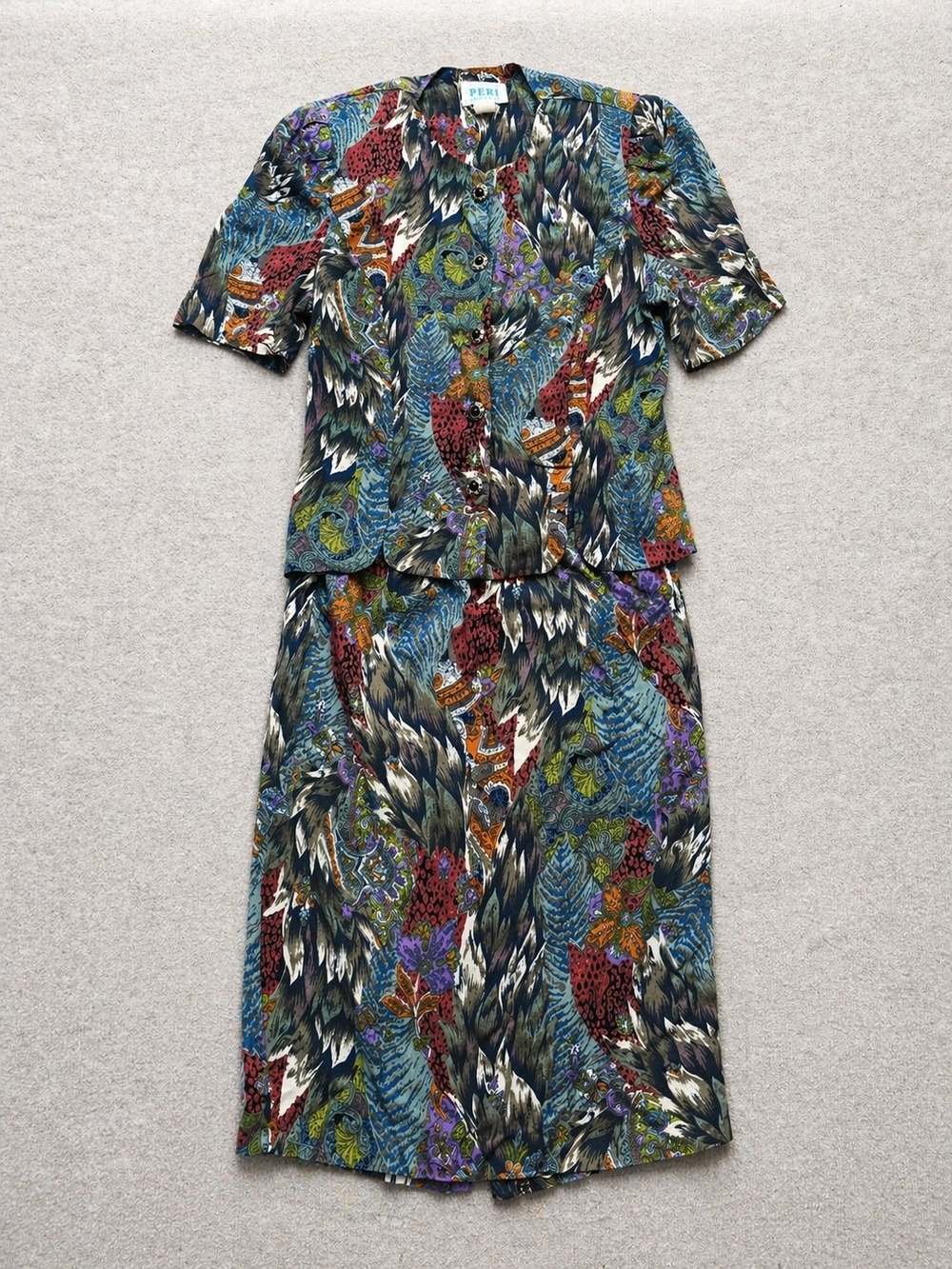 Vintage PERI Petites Rayon 2PC Set Button Top Elastic Skirt Boho Size 10
